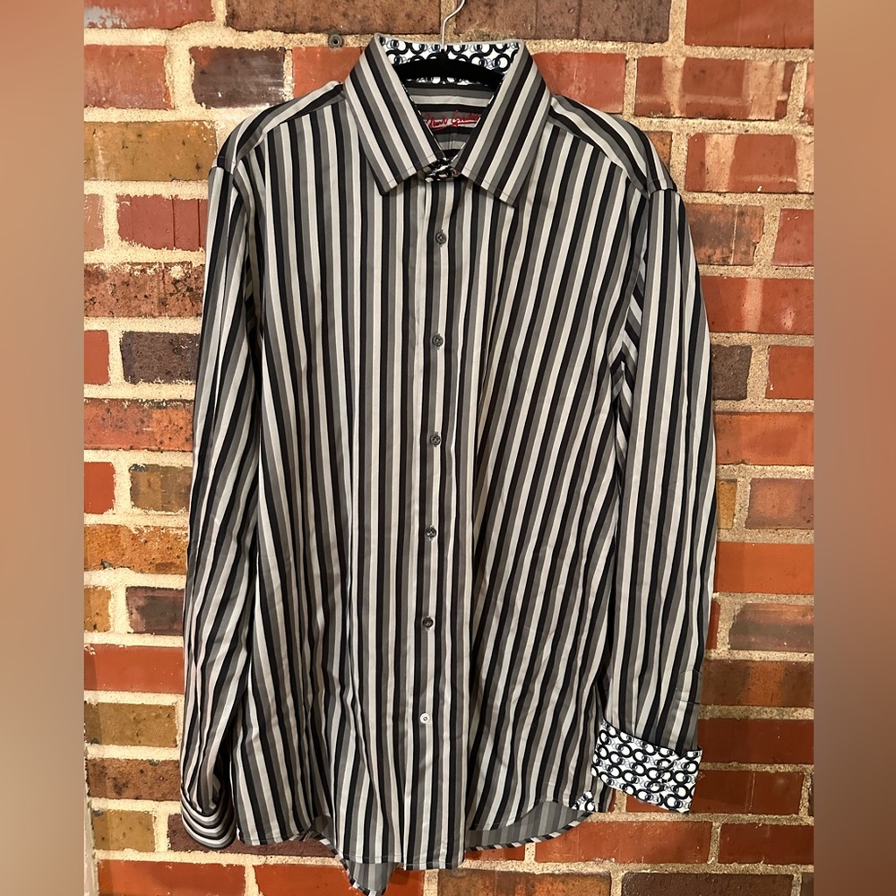 Robert Graham. Black, Grey & White Casual Button Down Shirt with Classic Stripes